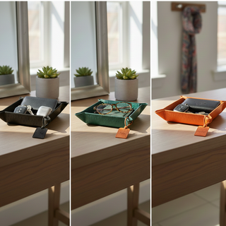 Three different colored trays on a wooden surface with decorative items.