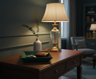 Wooden desk with lamp and decorative items in a room setting