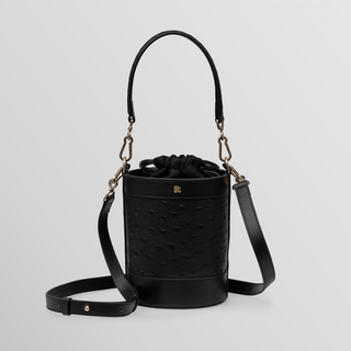 Rozi Ostrich Embossed Black Nappa Leather Bucket Crossbody Bag