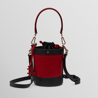 Rozi – Black & Dragon Red Floater  Leather Bucket Crossbody Bag | Refael