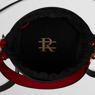 Rozi – Black & Dragon Red Floater  Leather Bucket Crossbody Bag | Refael