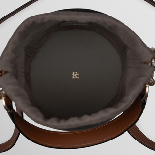 Rozi – Taupe and Camel | Handmade Leather Bucket Crossbody Bag
