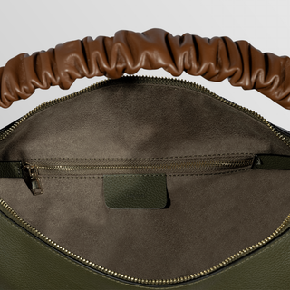 Sarita Ruched Handle Leather Shoulder Bag – Khaki & Camel | Refael