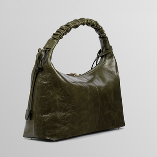 Sarita Olive Green Ruched Handle Leather Shoulder Bag